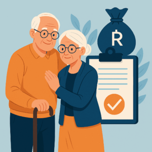 Casal de idosos abraçados, sorrindo, com ícones que representam segurança financeira e apoio social.