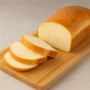 Pão de liquidificador caseiro, dourado e fofinho sobre tábua de madeira.