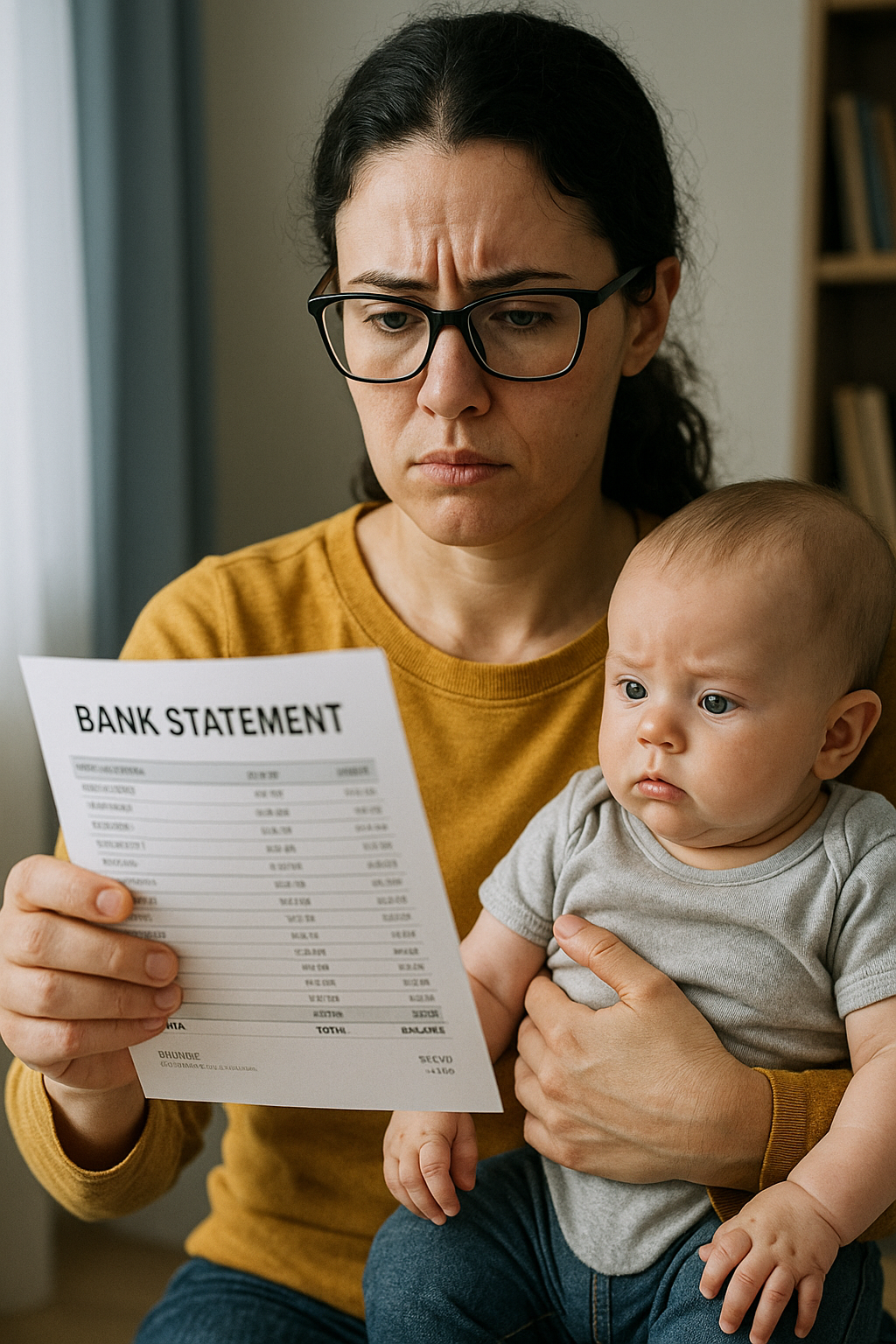 Pais com uma criança pequena analisando contas e documentos sobre a mesa.