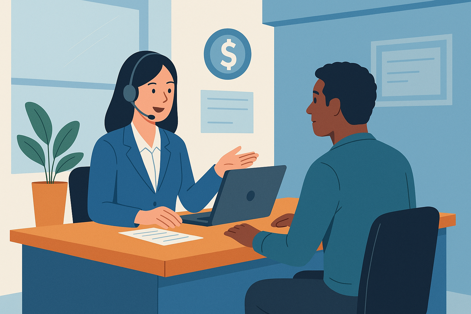 Atendente bancário em agência conversando com cliente em frente ao balcão.