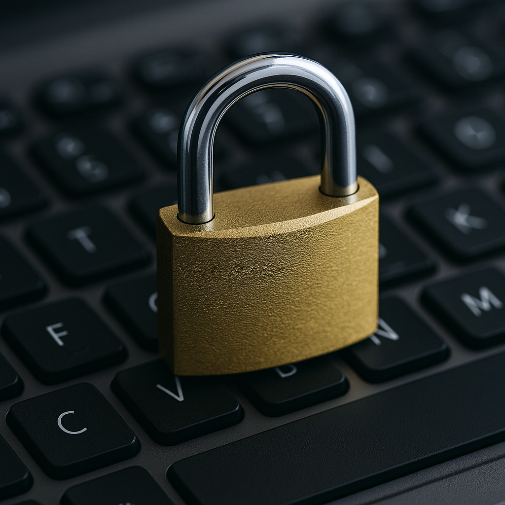 Teclado de computador com um cadeado apoiado, simbolizando proteção de dados e segurança da informação.