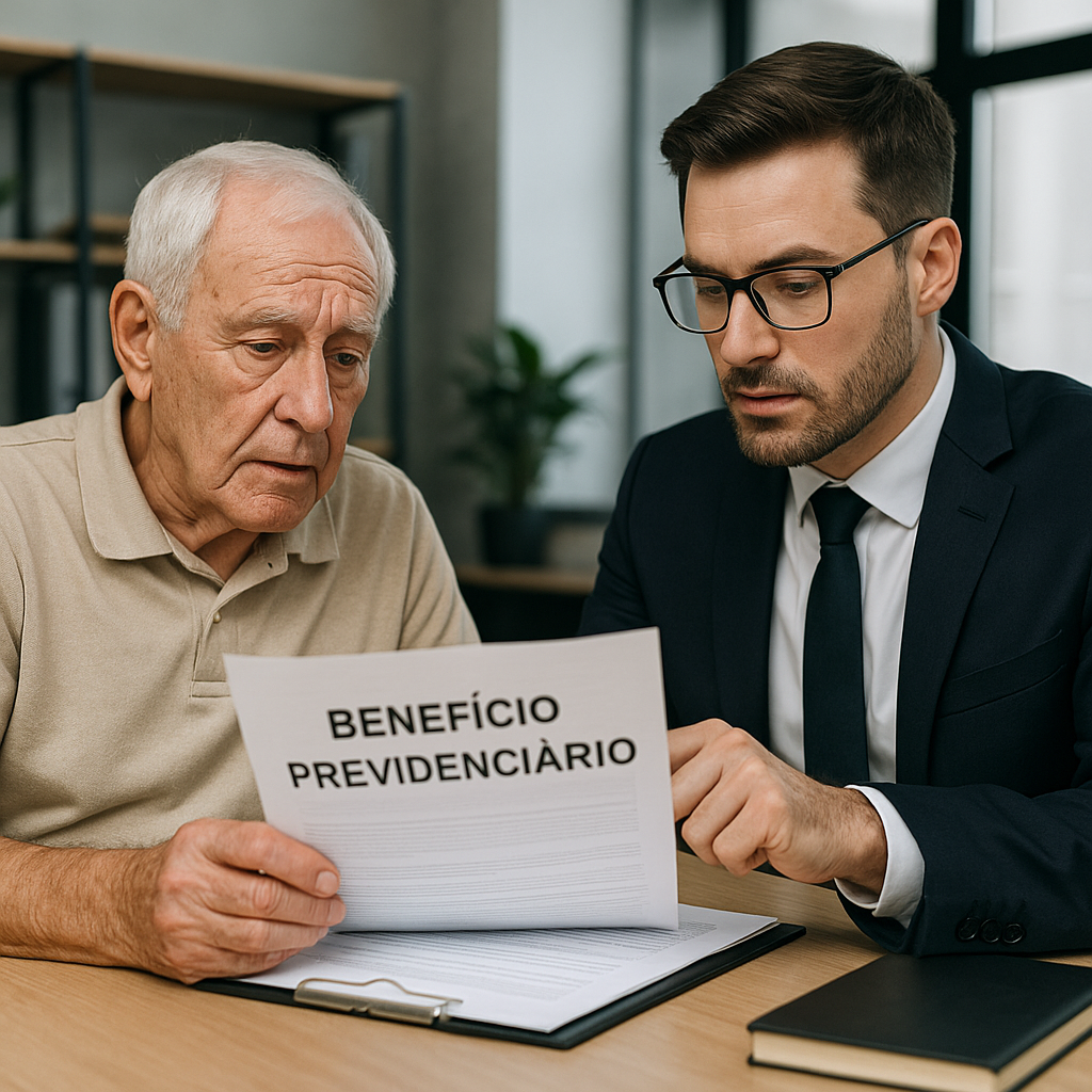 Atendente bancária orientando um aposentado em frente ao balcão, com papéis e extratos sobre a mesa.