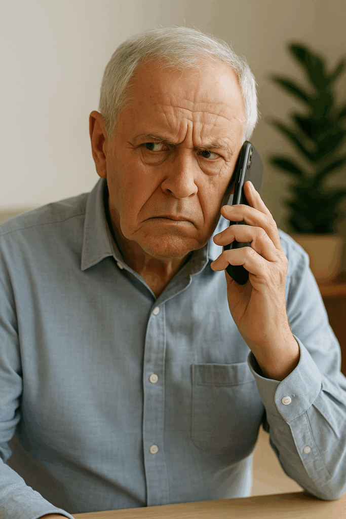 Idoso em casa atendendo ligação suspeita em telefone celular, com expressão de desconfiança.