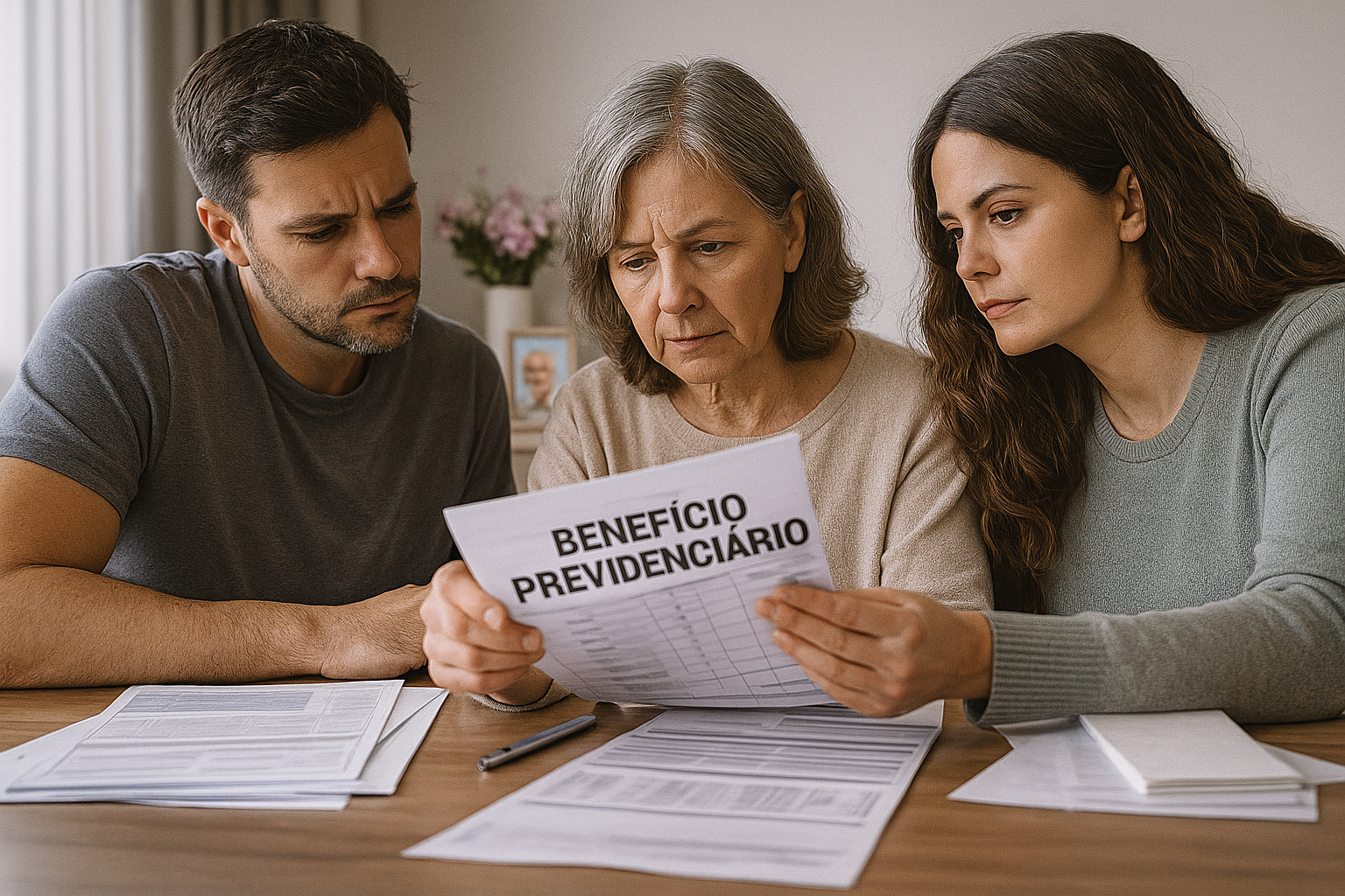 Familiares sentados à mesa analisando documentos de benefício previdenciário de parente falecido.