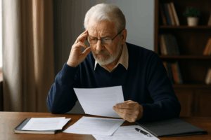 Aposentado analisando documentos previdenciários sobre a mesa
