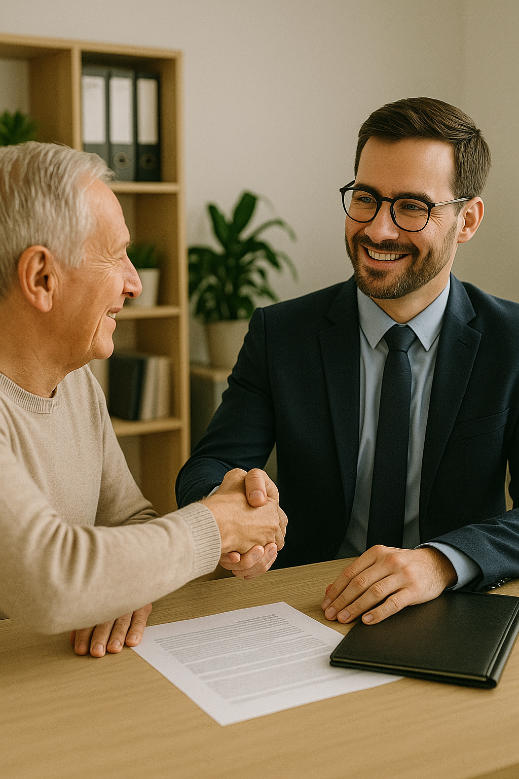Advogado e cliente apertando as mãos após análise de benefício
