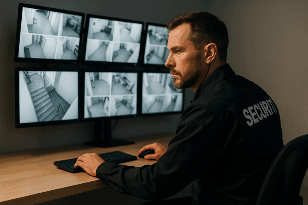 Vigilante de uniforme observando câmeras de segurança em sala de monitoramento moderna