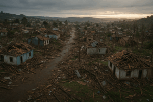 cidade paranaense com casas destruídas e ruas cobertas de destroços após tornado