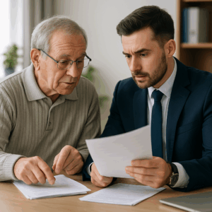 Aposentado recebendo orientação jurídica enquanto analisa documentos.