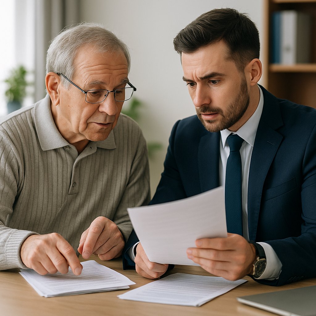 Aposentado recebendo orientação jurídica enquanto analisa documentos.